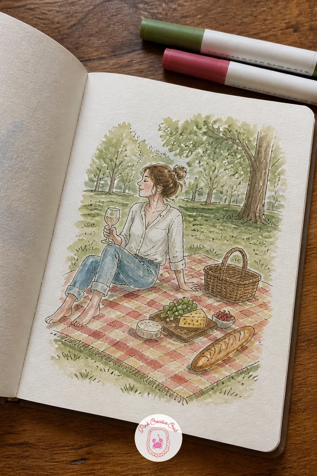 A Picnic in the Park — A picnic in the park asks you to arrange a whole small world on a blanket, which makes it a satisfying page to fill. Sketchbook diary