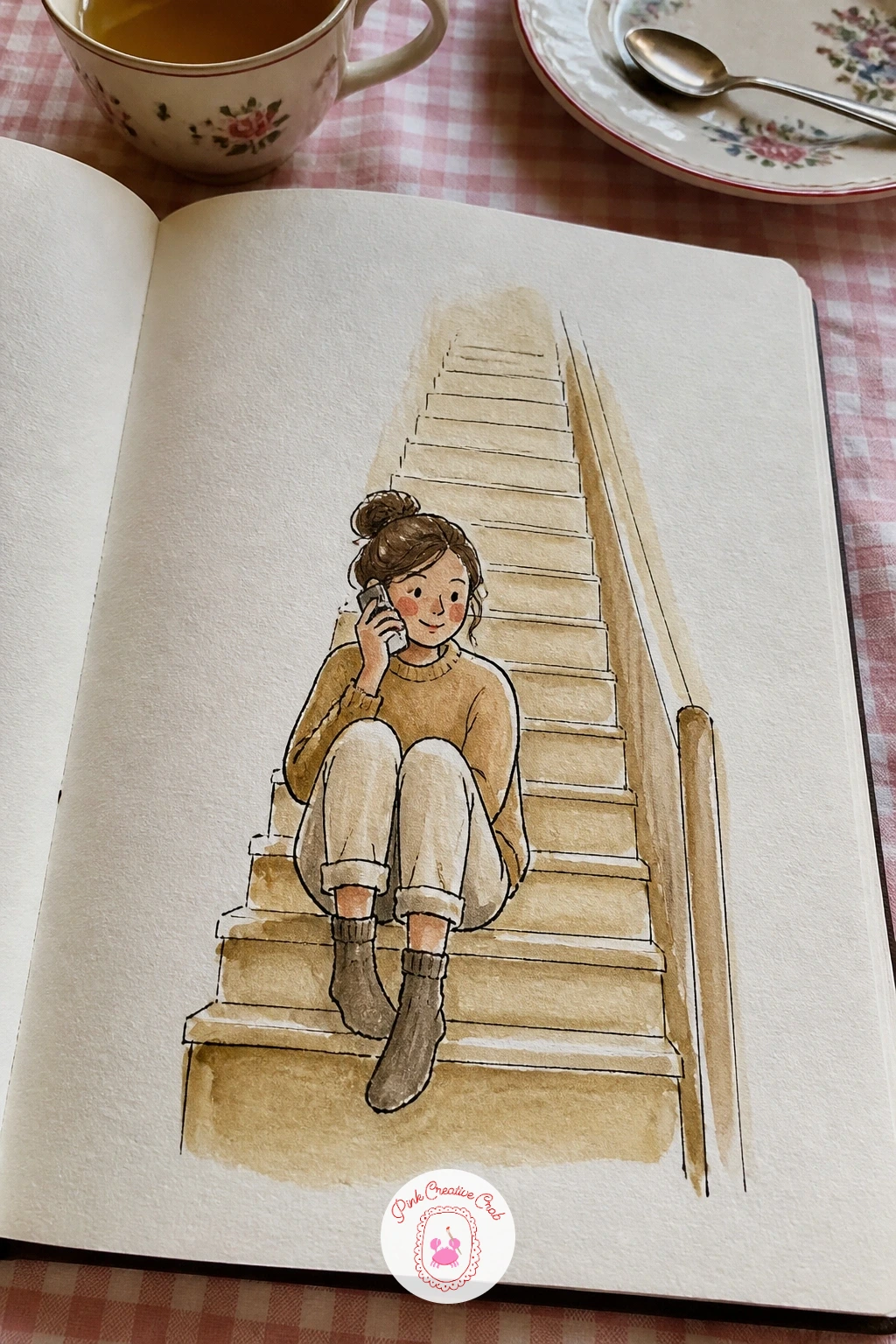 A Phone Call With Mum on the Stairs — A phone call with mum on the stairs is one of the more intimate pages in the set, a small private moment rather than a