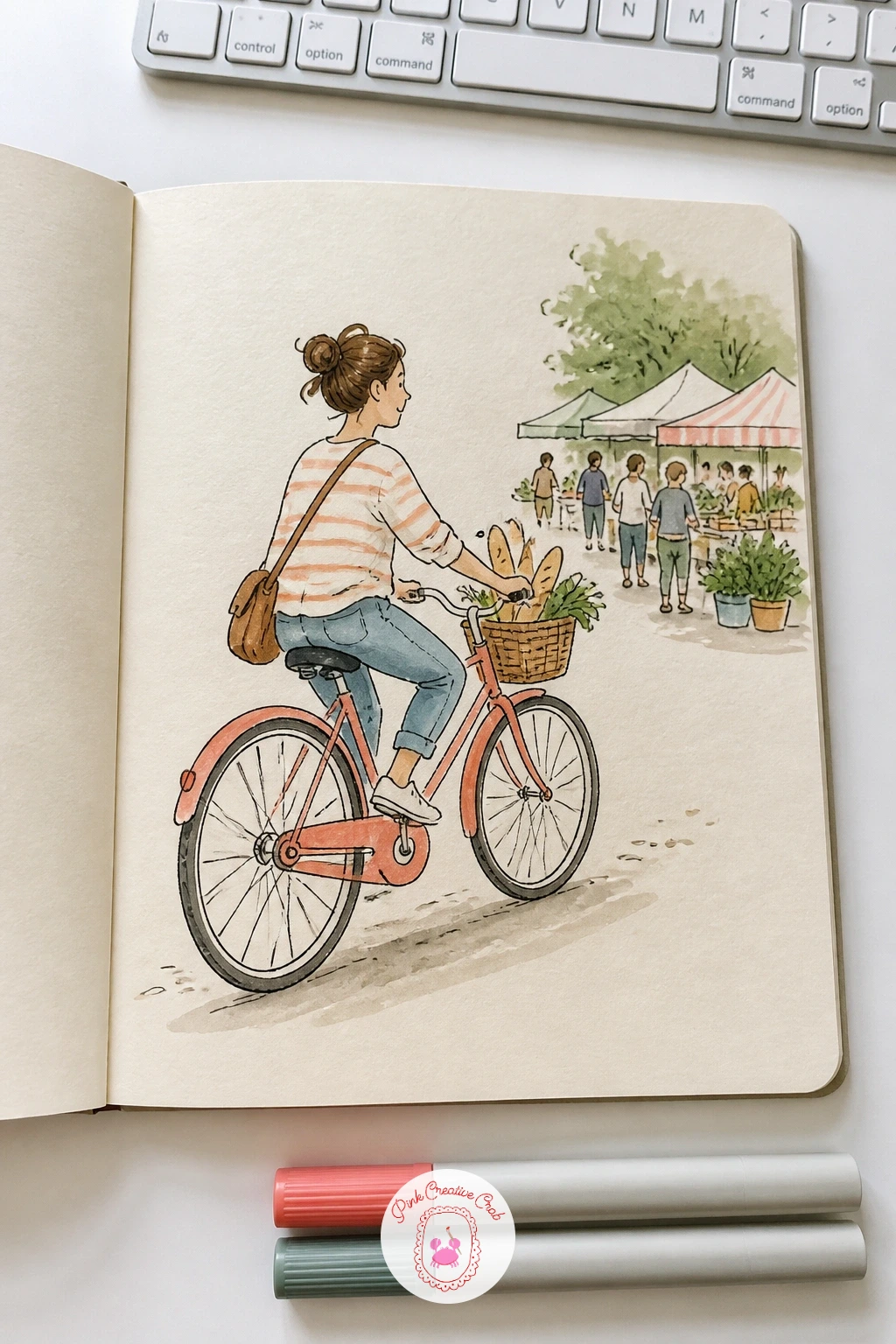 Cycling to the Market — Cycling to the market is a motion page, built around the diagonal lean of a moving bicycle rather than a static pose. Sketchbook diary