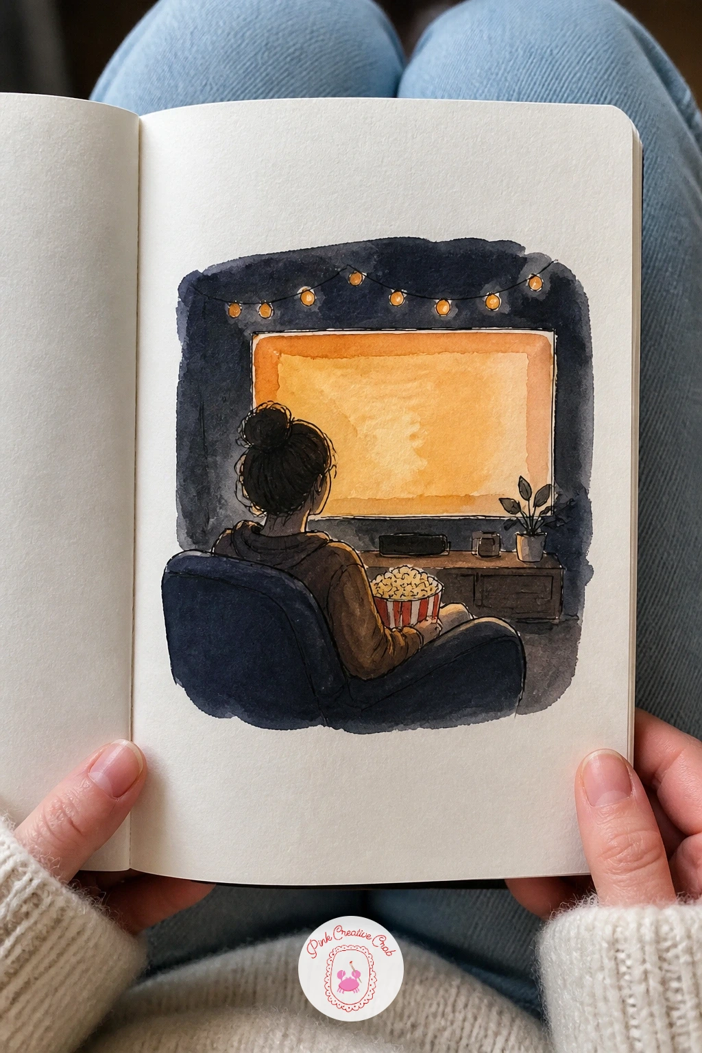 Cinema Night With Popcorn — Cinema night with popcorn works well as a side view, you and the big screen both visible in the same frame. Sketchbook diary