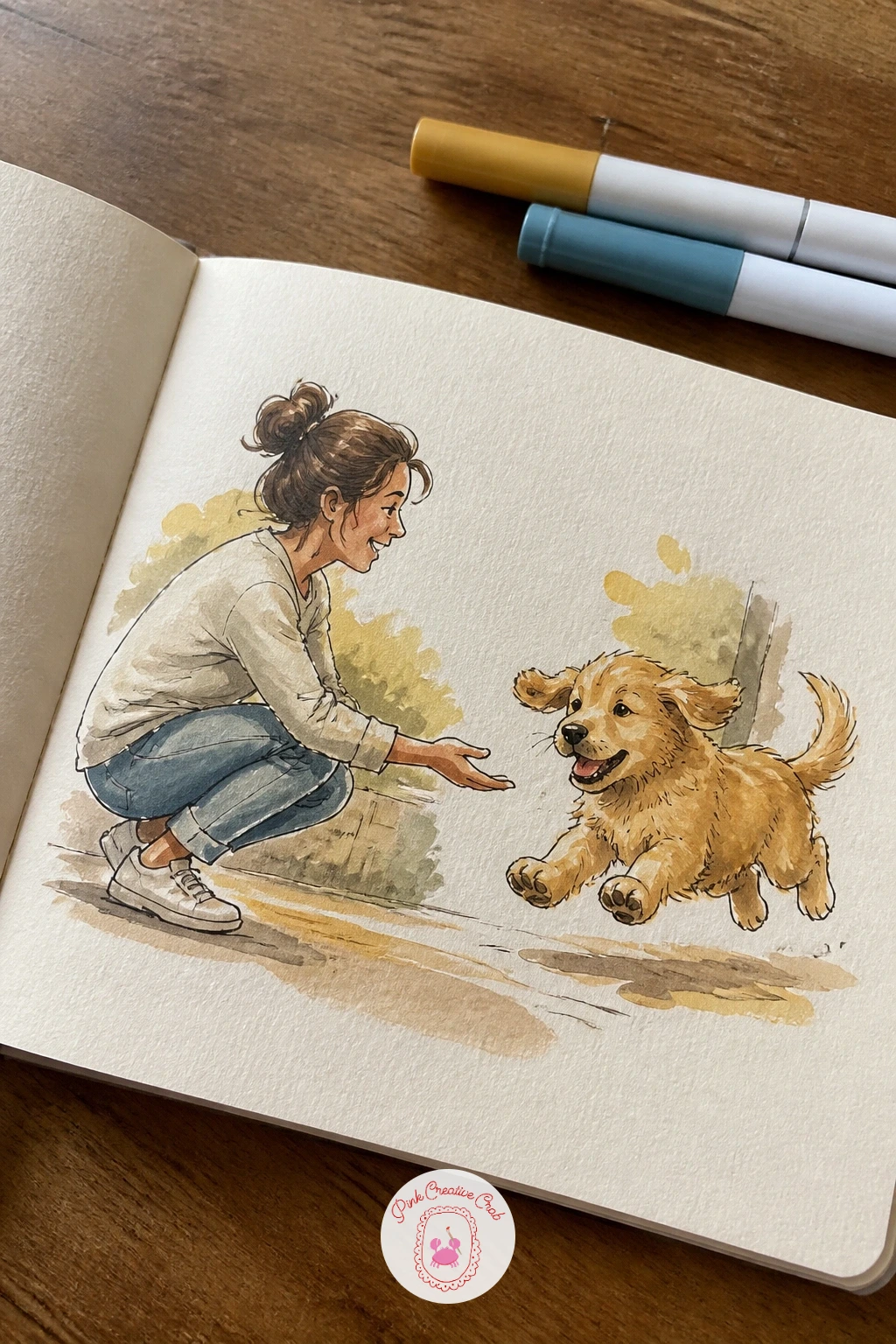 Meeting the Neighbor's Puppy — Meeting the neighbor's puppy is a lively, affectionate scene, built around the puppy's energy more than your own pose.