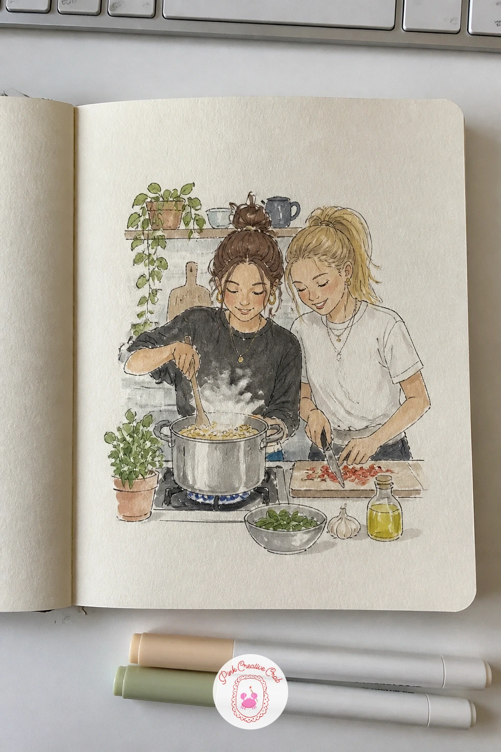 Cooking Pasta With a Friend — Cooking pasta with a friend gives you two figures sharing one kitchen task, a nice change from the solo scenes earlier in the