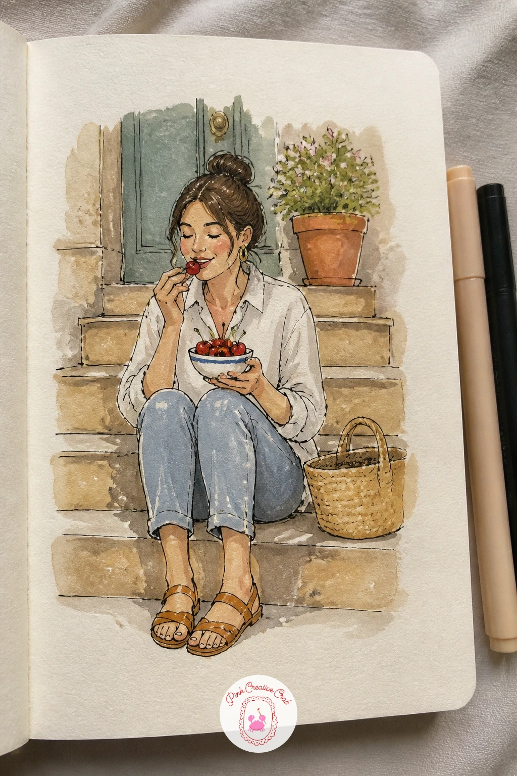 Eating Cherries on the Front Steps — Eating cherries on the front steps is a small, sunny page built around a bowl of fruit and a relaxed seated pose.