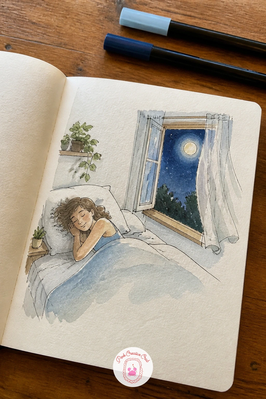 Falling Asleep With the Window Open — Falling asleep with the window open is a gentle closing-the-day page, soft and a little blurred at the edges. Sketchbook