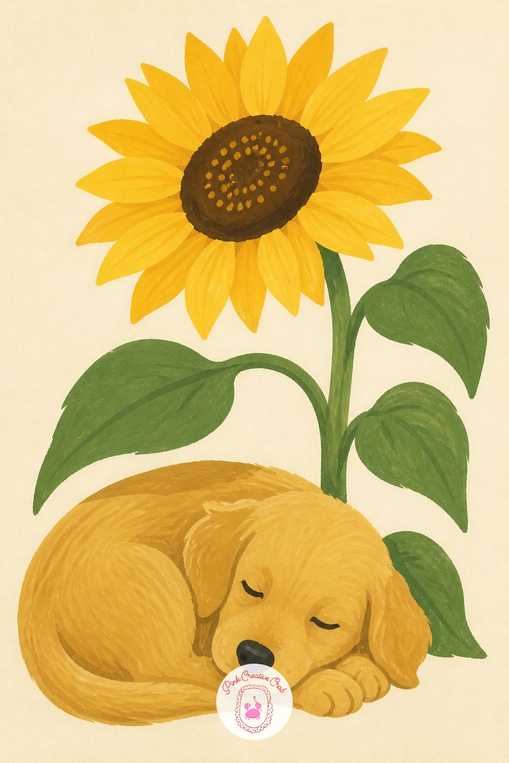 Puppy in Sunflowers — Bring the energy back up with a puppy in sunflowers, a good excuse to practice a bold butter yellow against a soft brown. Cute painting