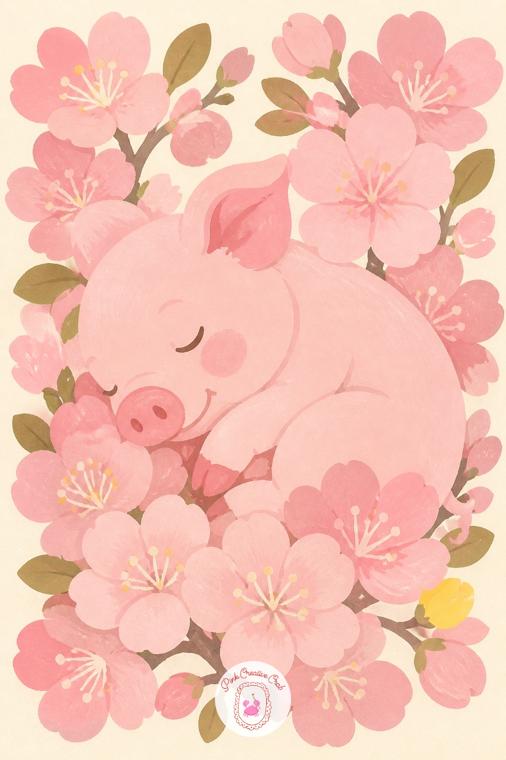 Piglet in Pink Blossom — A piglet in pink blossom is a nice palette exercise since pig and flower sit so close in hue, pink against pink, which means the real