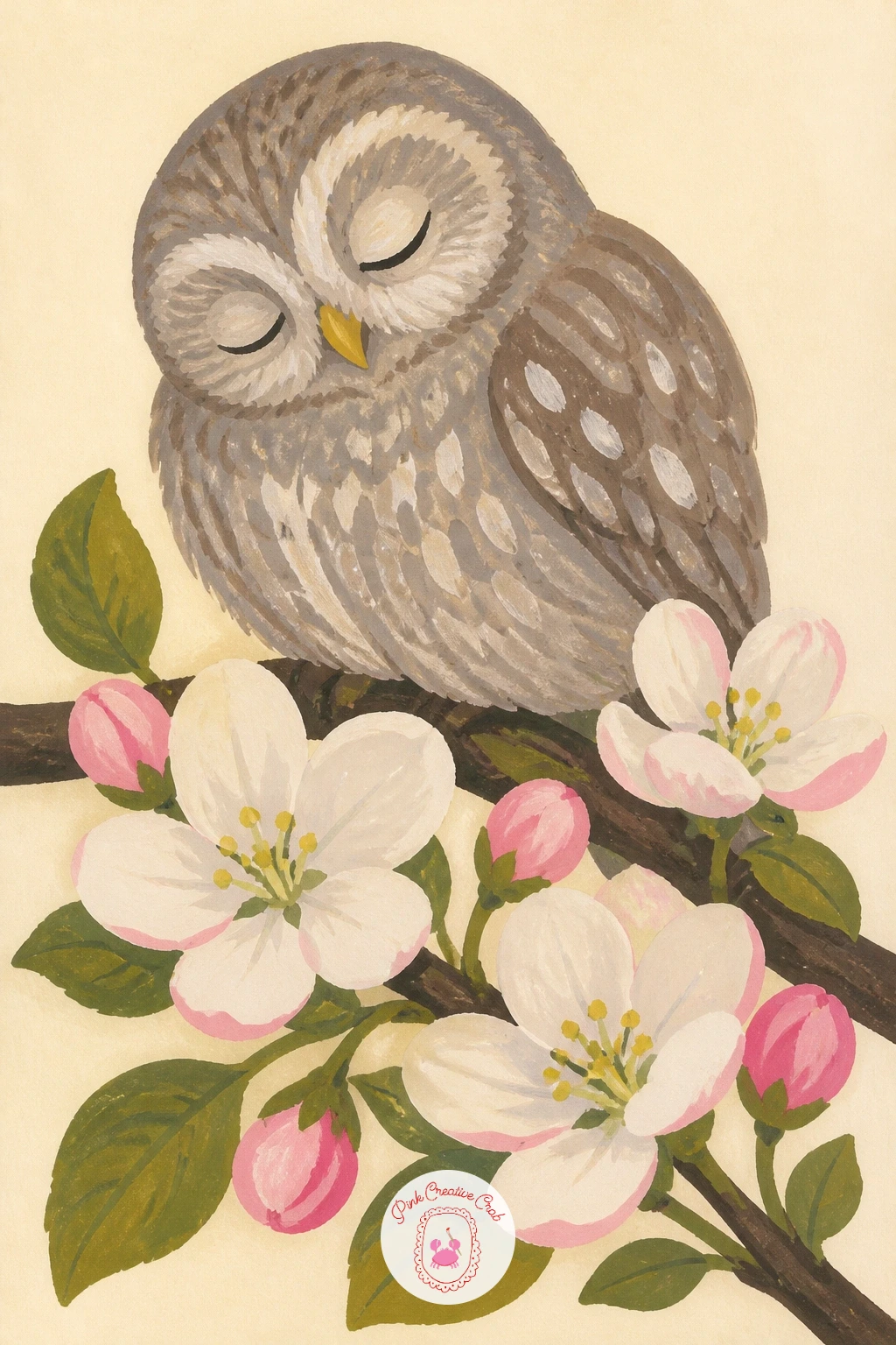 Owlet in Apple Blossom — An owlet in apple blossom moves the scene up onto a branch, so think about the eye level before you paint, since a branch scene
