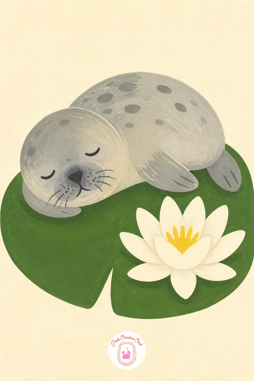 Seal Pup on a Water Lily — A seal pup on a water lily asks you to balance a round grey body on a flat round leaf, which is really a simple lesson in overlap