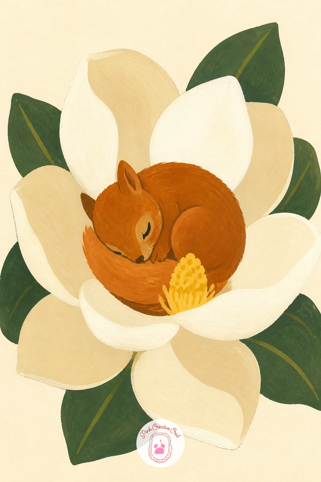 Squirrel Kit in Magnolia — A squirrel kit in magnolia is a good chance to paint one large dramatic petal shape rather than many small ones, since magnolia