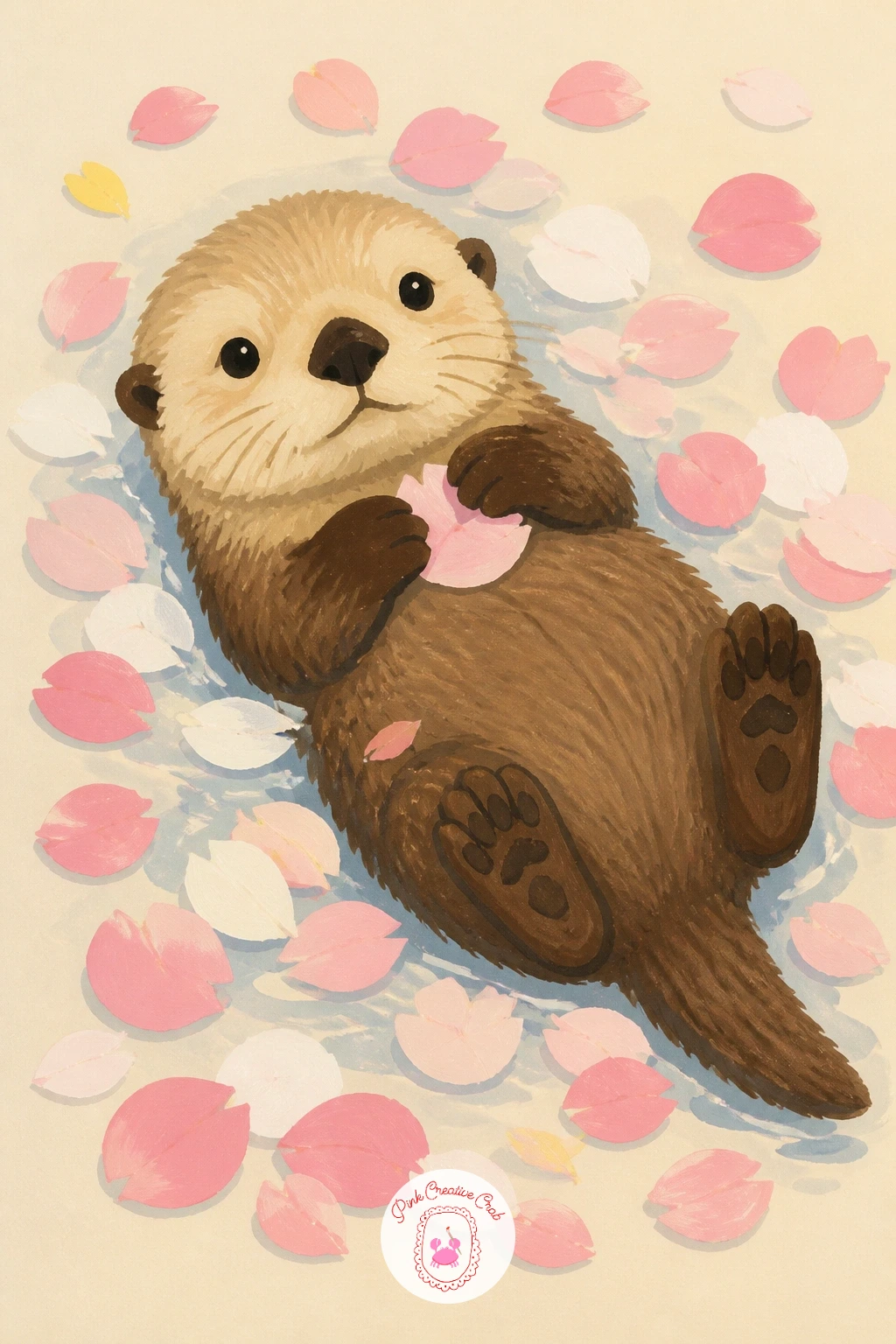Baby Otter in Floating Petals — A baby otter in floating petals drifts away from a single flower shape into a loose scatter, a nice break after several