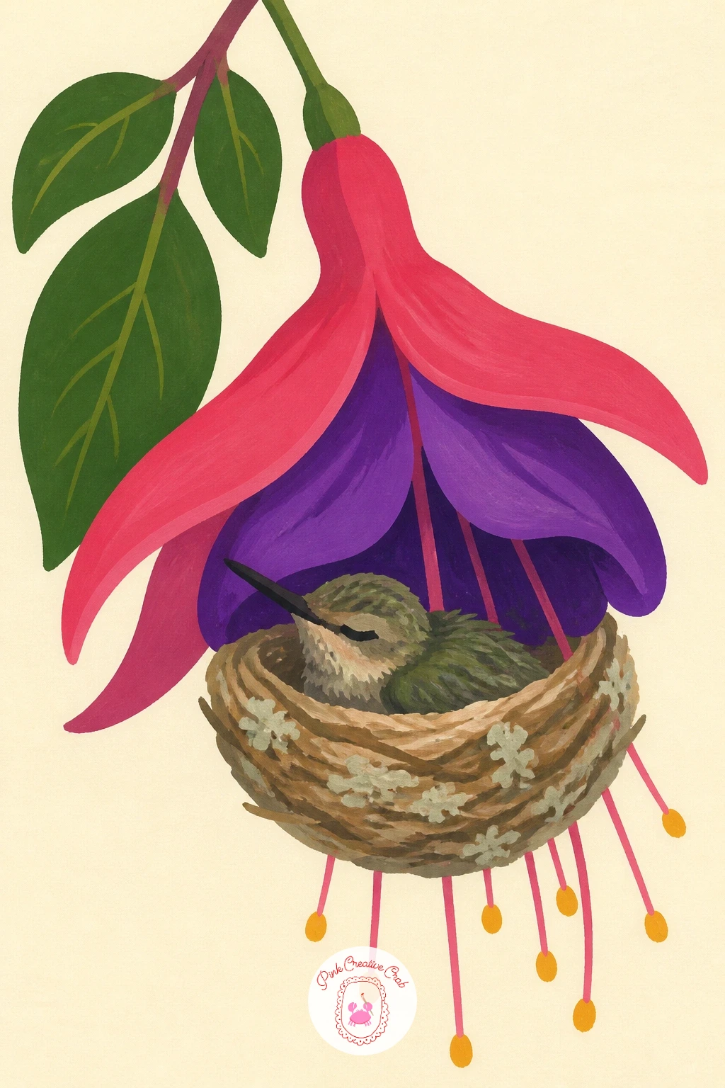 Hummingbird Nest in a Fuchsia — A hummingbird nest in a fuchsia is the most layered flower shape on this list, since fuchsia blooms hang with a flared skirt