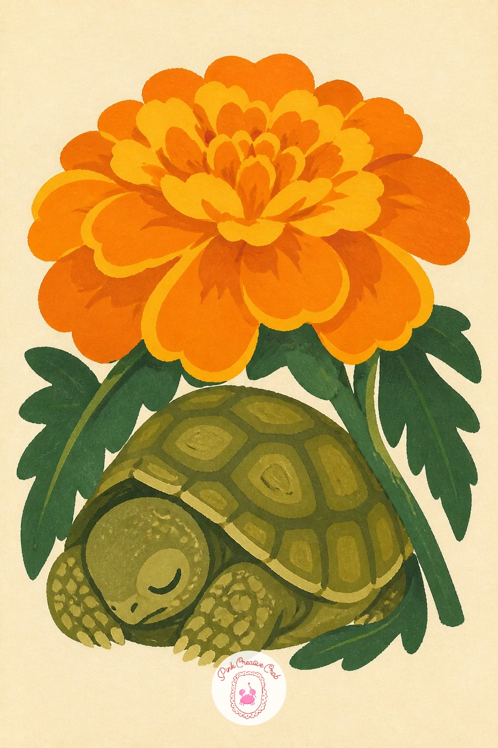 Baby Tortoise Under a Marigold — A baby tortoise under a marigold leans on pattern, since a marigold's many layered petals ask for the same patience as the
