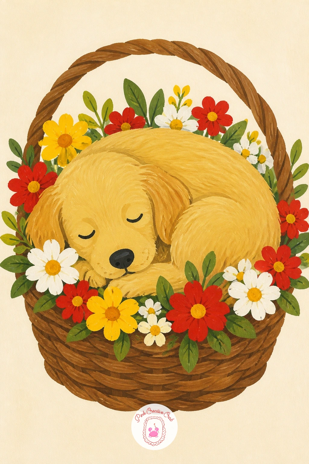 Puppy in a Flower Basket — A puppy in a flower basket swaps a single bloom for a whole little container of them, so think of the basket as the anchor and let