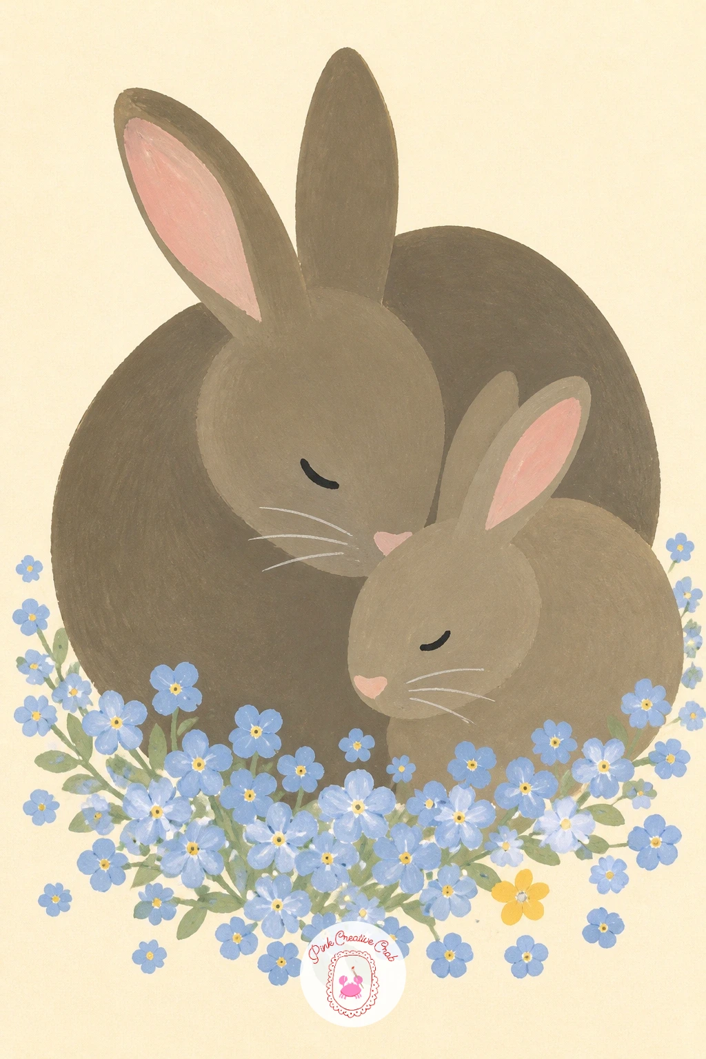 Two Bunnies in Forget-Me-Nots — Two bunnies in forget-me-nots brings a second animal into the frame for the first time on this list, so plan the pair before