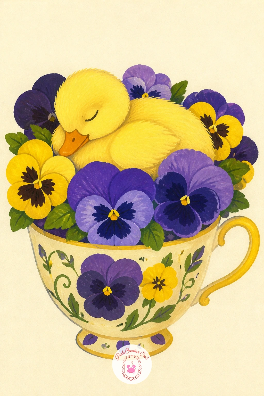 Duckling in a Teacup of Pansies — A duckling in a teacup of pansies turns a flowerpot moment into something a little more whimsical, so get the teacup shape