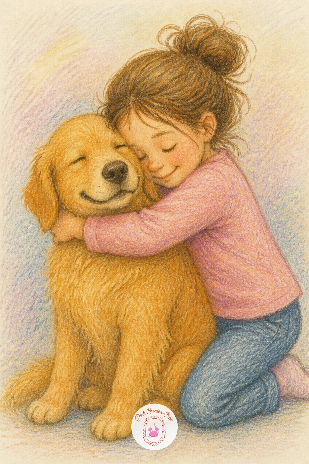 A Girl Hugging Her Dog — Bring in the first human pair with a girl hugging her dog, kneeling down with her arms wrapped around its neck. Hug drawing