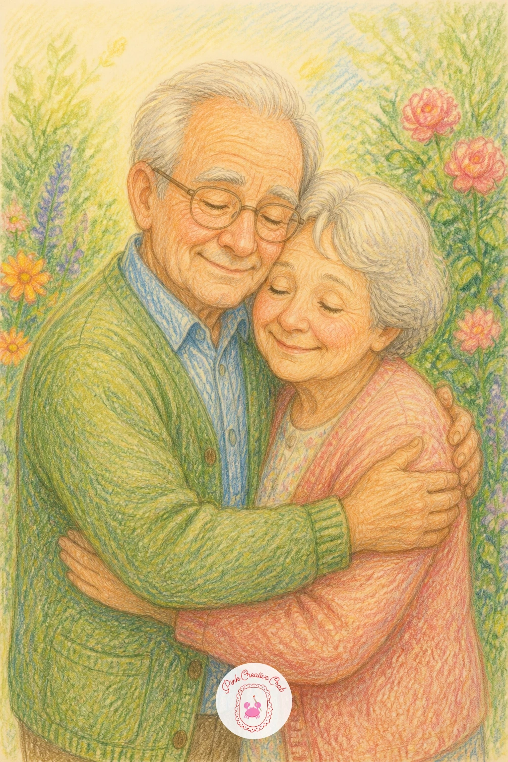Grandparents Hugging in the Garden — Grandparents hugging in the garden takes the warmth up a notch, with two older figures standing close among a few simple