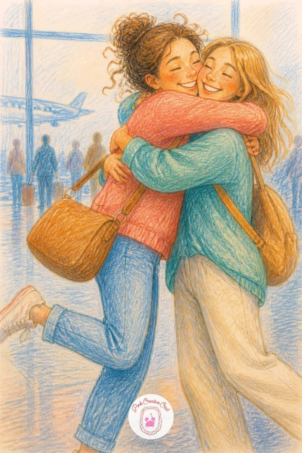Best Friends Hugging at the Airport — Jump to a livelier pair with best friends hugging at the airport, one often mid stride with a bag still on her shoulder