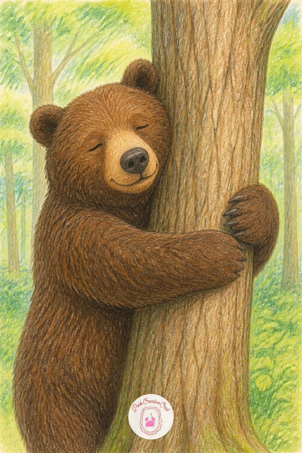A Bear Hugging a Tree — Switch to animals again with a bear hugging a tree, a gentle giant wrapped around a trunk that gives you a strong vertical to build