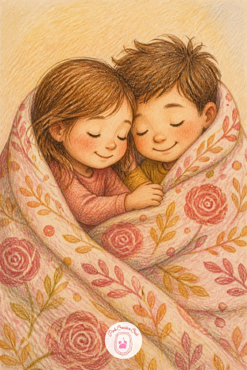 Siblings Hugging Under a Blanket — Bring the warmth indoors with siblings hugging under a blanket, two kids tucked together with just their heads and shoulders