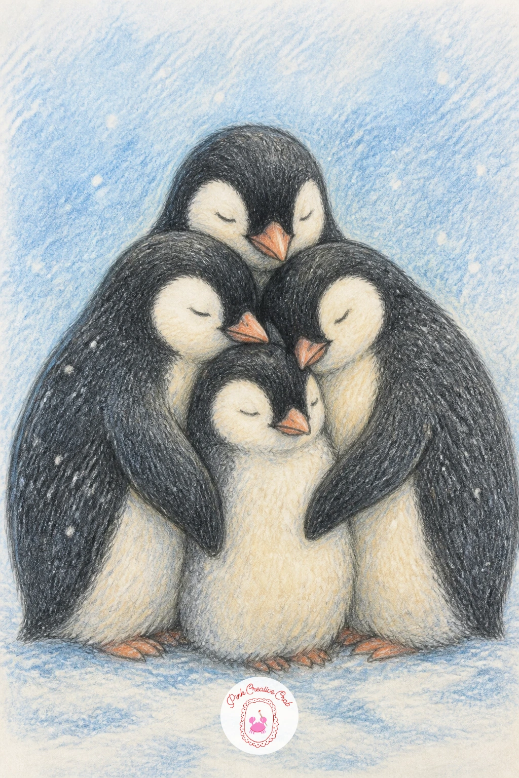 Penguins Huddling — Bring in a colder scene with penguins huddling, a small cluster of two or three round bodies pressed together for warmth. Hug drawing