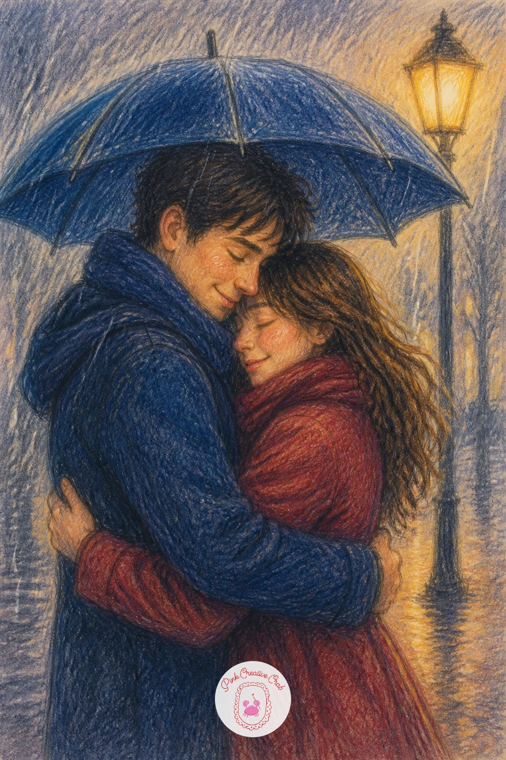 A Couple Hugging in the Rain — Move to a softer, moodier pair with a couple hugging in the rain, sheltered under one shared umbrella with their bodies drawn