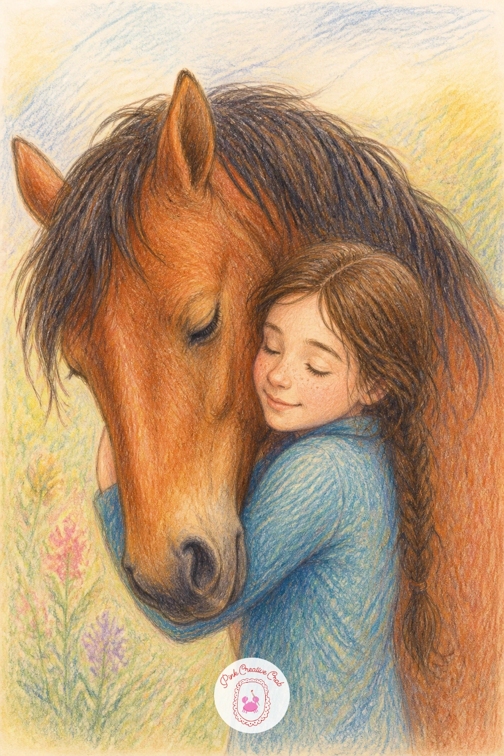 A Girl Hugging Her Horse — Scale up to a bigger animal with a girl hugging her horse, her arms reaching around its neck while it lowers its head toward her