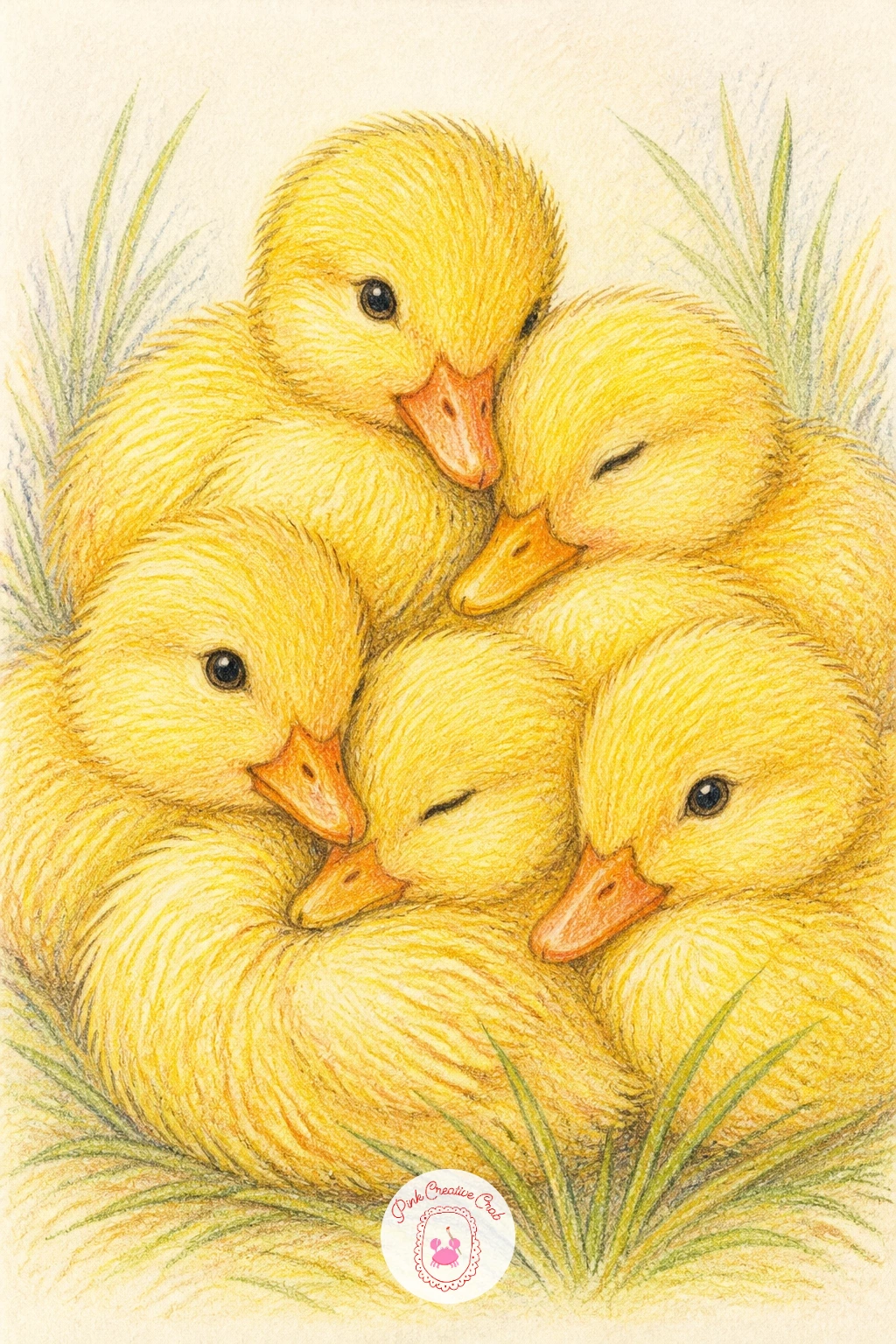 Ducklings Snuggling — Keep the small scale going with ducklings snuggling, a little cluster of three or four yellow bodies piled close together. Hug drawing