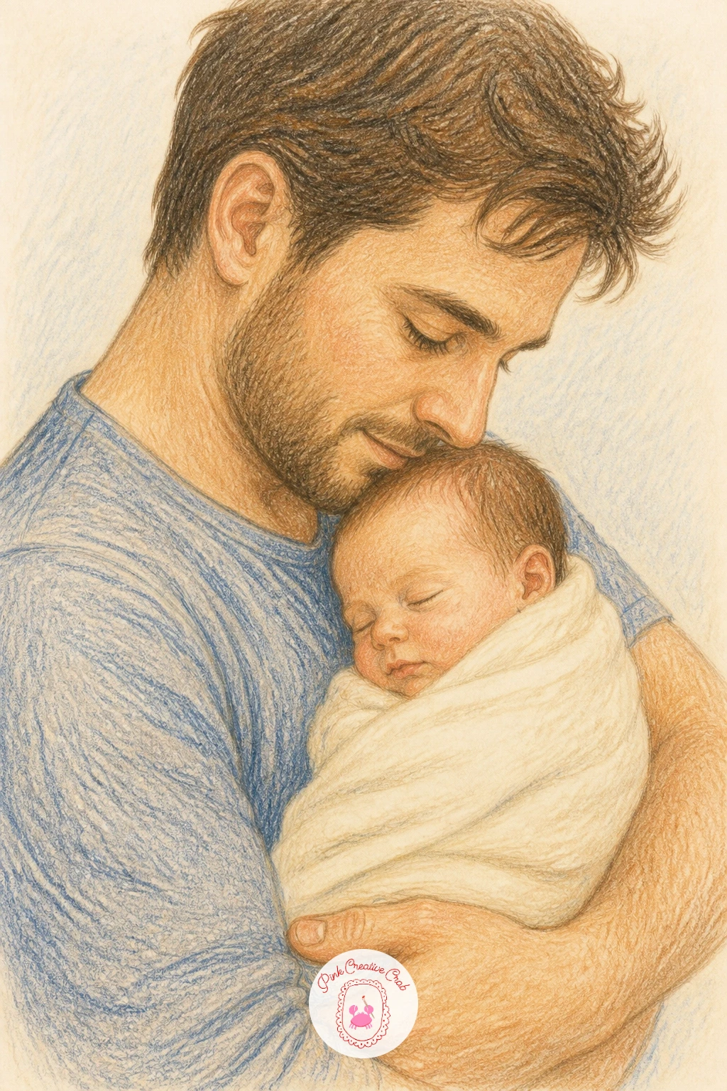 A Dad Holding a Newborn — Shift to something quieter with a dad holding a newborn, cradled carefully in both arms with his head bowed close to the baby's face.