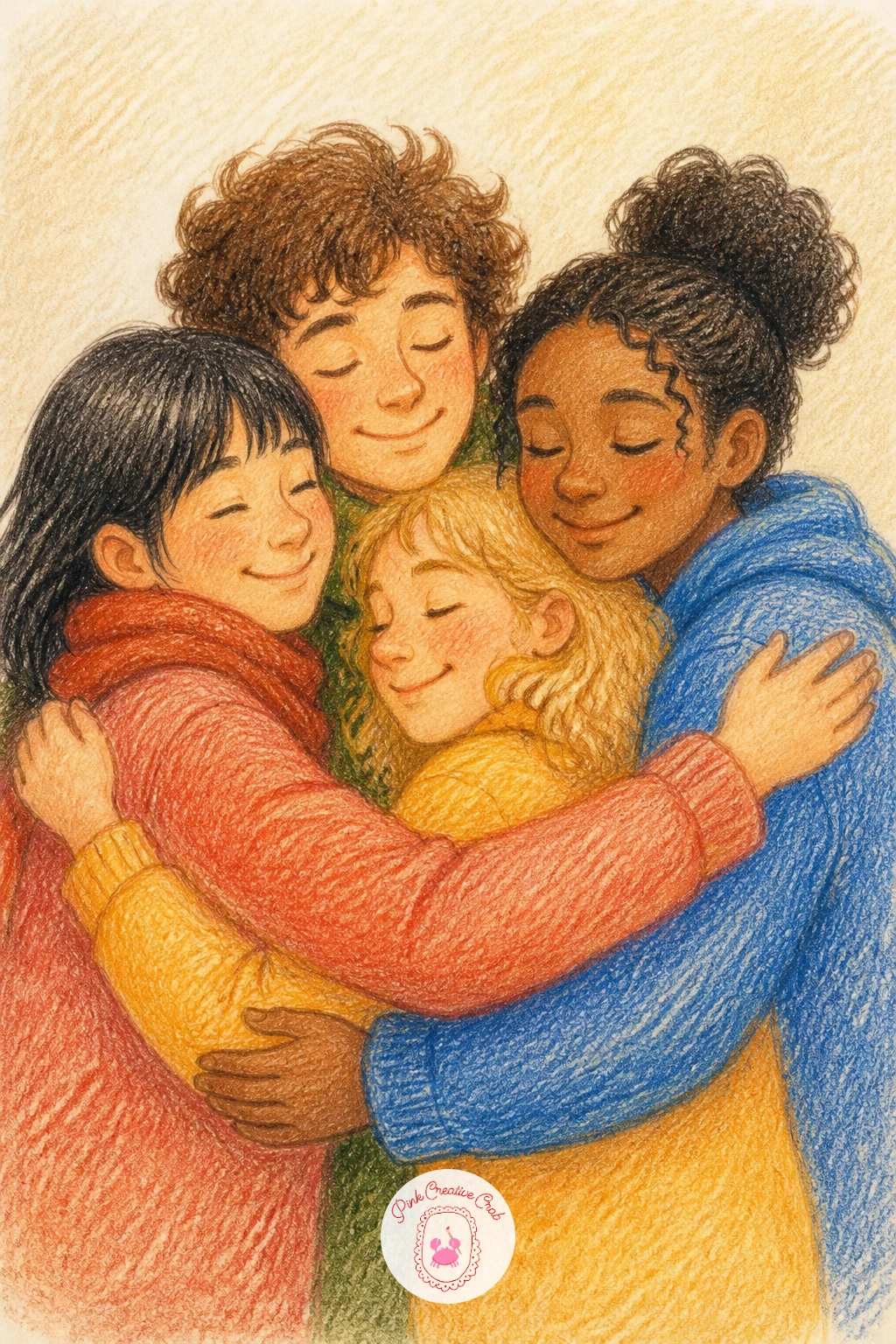 A Group Hug of Friends — Try the busier end of the list with a group hug of friends, three or four figures with arms layered over each other's shoulders in a