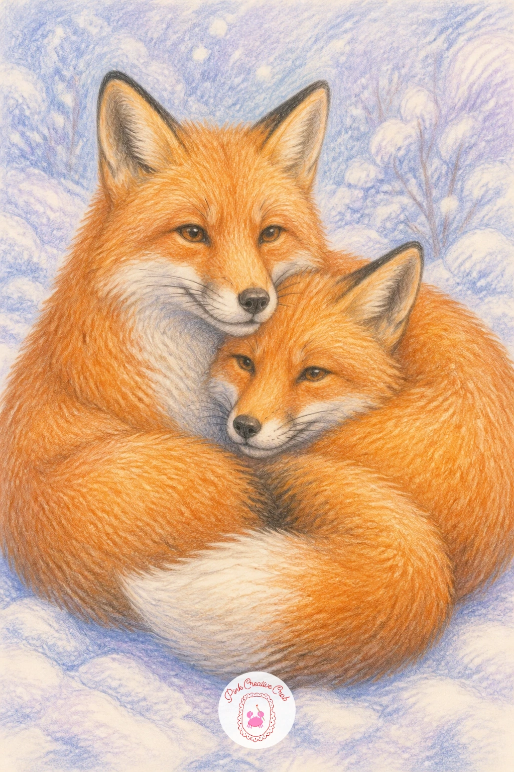 Two Foxes in the Snow — Cool the palette down with two foxes in the snow, curled together with their bushy tails wrapped around both bodies like a shared