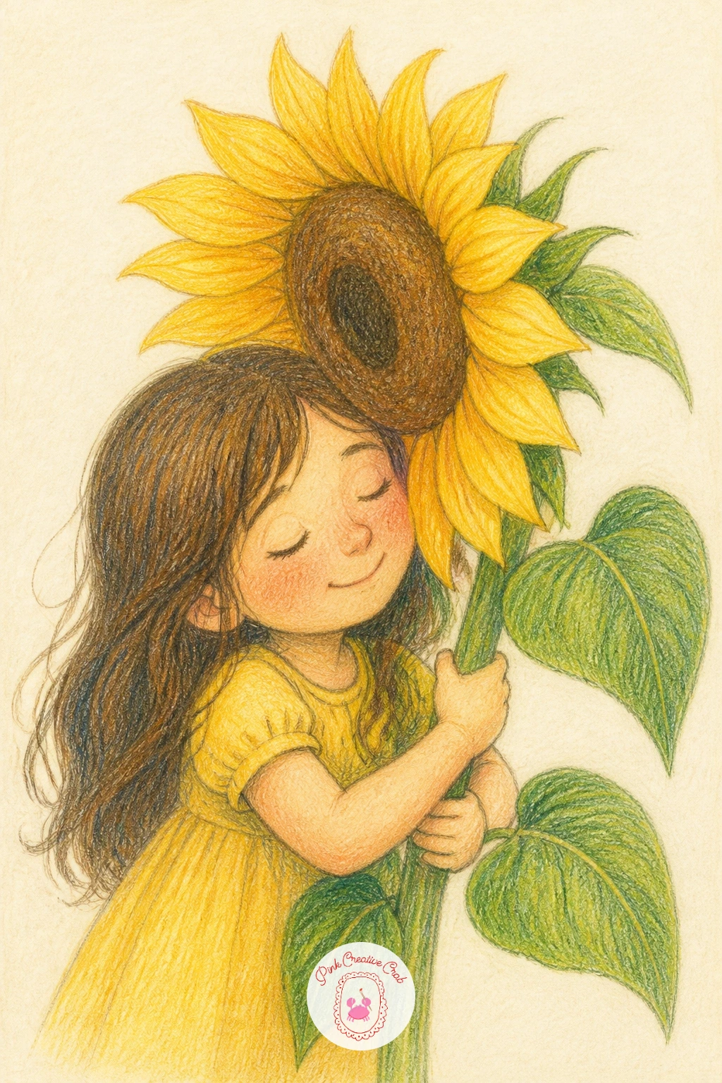 A Girl Hugging a Sunflower — Lighten the mood with a girl hugging a sunflower, her arms wrapped around a stem nearly as tall as she is with the huge flower