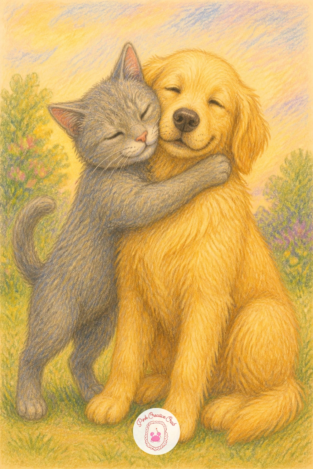 A Cat Hugging a Dog — Pair up an unlikely couple with a cat hugging a dog, the cat's front paws wrapped around the dog's neck while the dog sits patiently