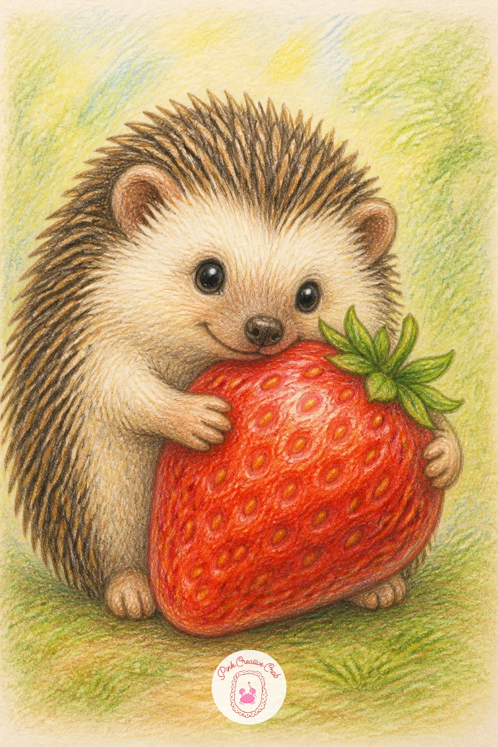 A Hedgehog Hugging a Strawberry — Switch to something playful with a hedgehog hugging a strawberry, its short arms wrapped around a fruit nearly as big as its
