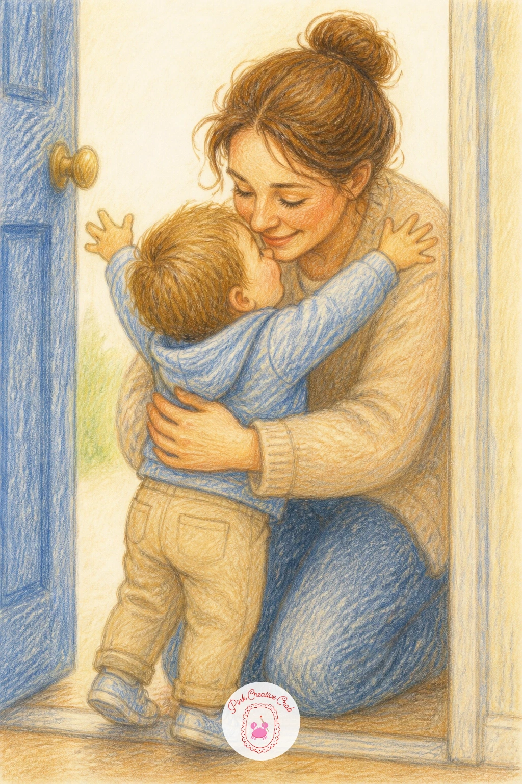 A Mum Hugging Her Toddler at the Door — Return to a human moment with a mum hugging her toddler at the door, bending low with arms wrapped around a small