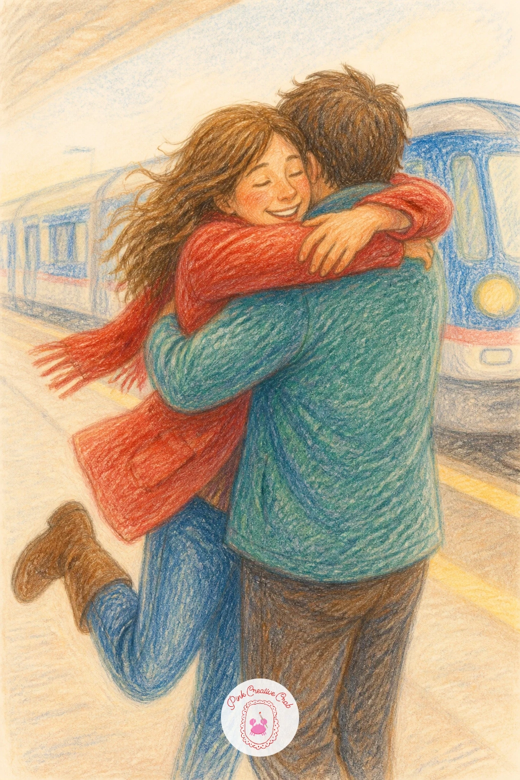 A Reunion at a Train Station — Add some movement with a reunion at a train station, two figures caught mid run into each other's arms with a hint of platform