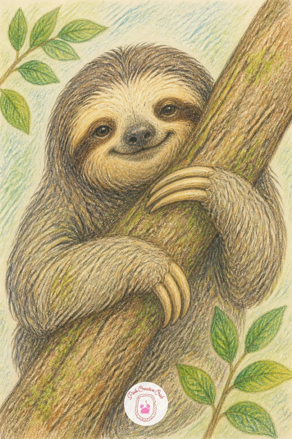 A Sloth Hugging a Branch — Slow the pace right down with a sloth hugging a branch, limbs wrapped lazily around a thick diagonal bough across the page. Hug