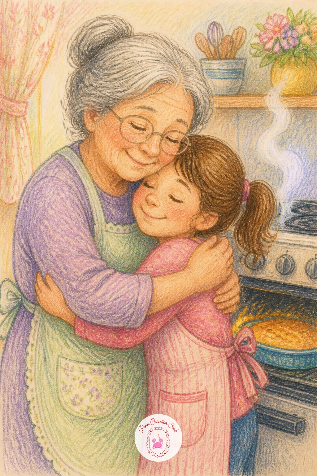 A Grandma Hugging Her Granddaughter by the Oven — Bring the scene into a warm kitchen with a grandma hugging her granddaughter by the oven, both figures