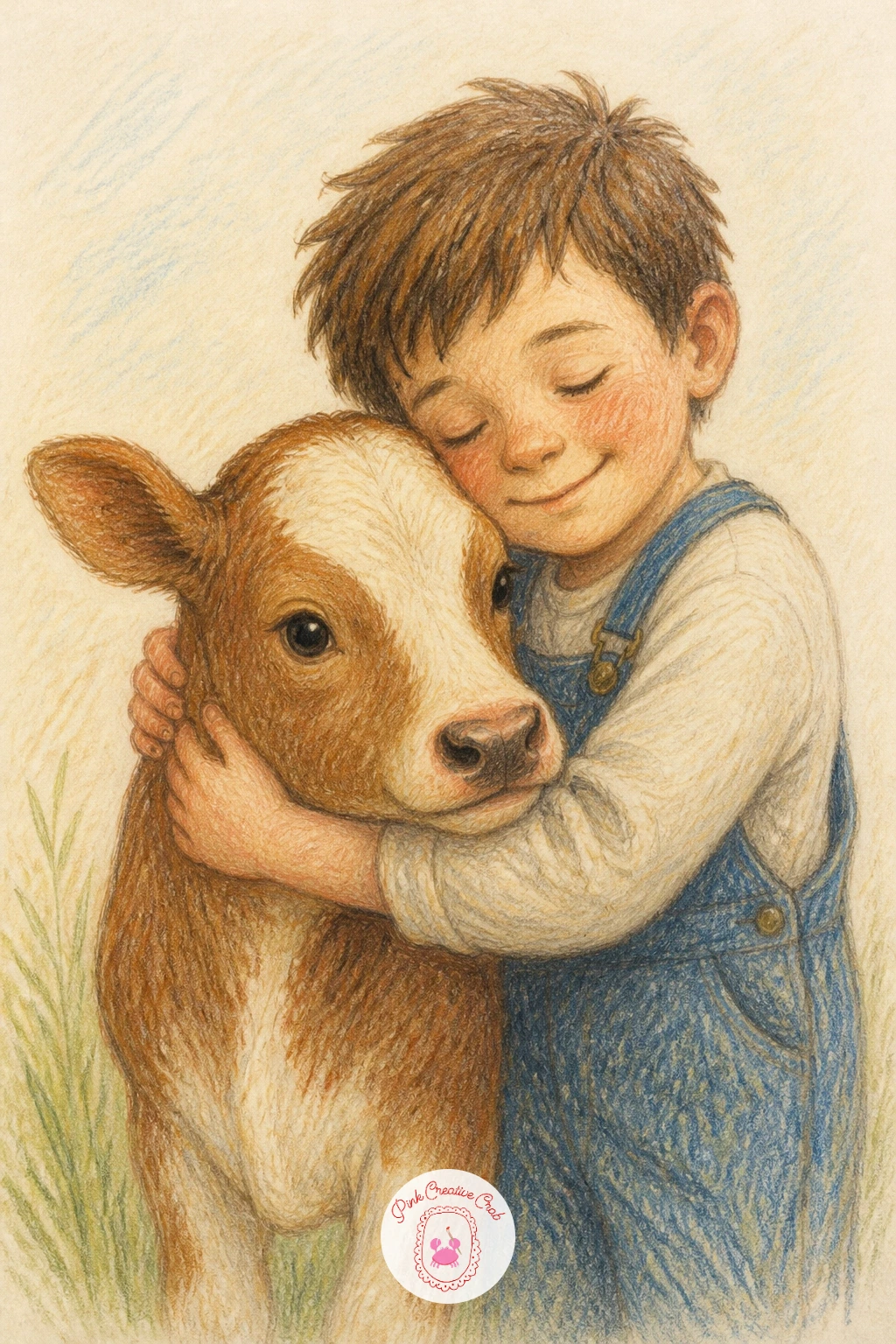 A Boy Hugging a Calf — Head out to the farmyard with a boy hugging a calf, arms wrapped around its neck while it stands patiently beside him. Hug drawing