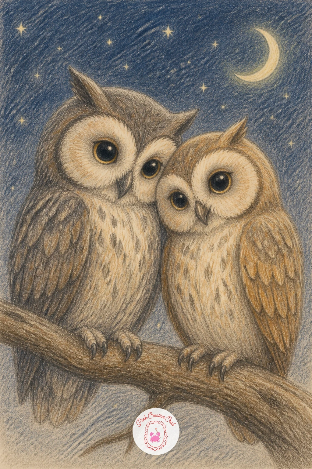 Two Owls on a Branch — Wind down with two owls on a branch, perched close together with their feathers fluffed and bodies leaning until they touch. Hug drawing
