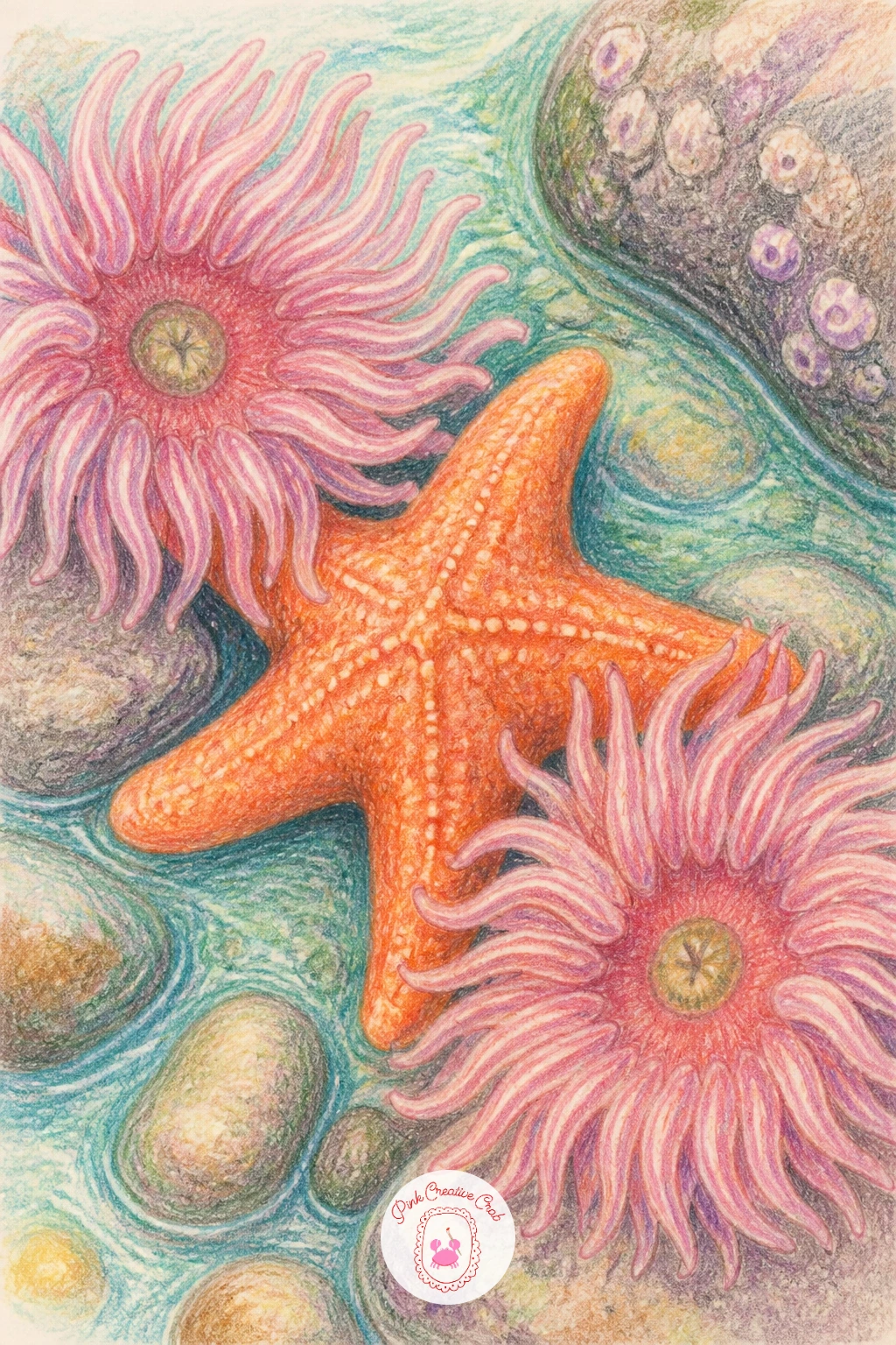 Starfish in a Tide Pool With Anemones — Build your first little scene with a starfish settled among sea anemones, since this is where eye level starts to
