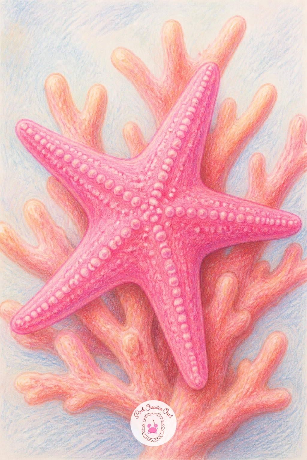 Pink Sea Star on Coral — After the busier tide pool, simplify with a pink sea star resting on a branch of coral, a cleaner composition built on light and