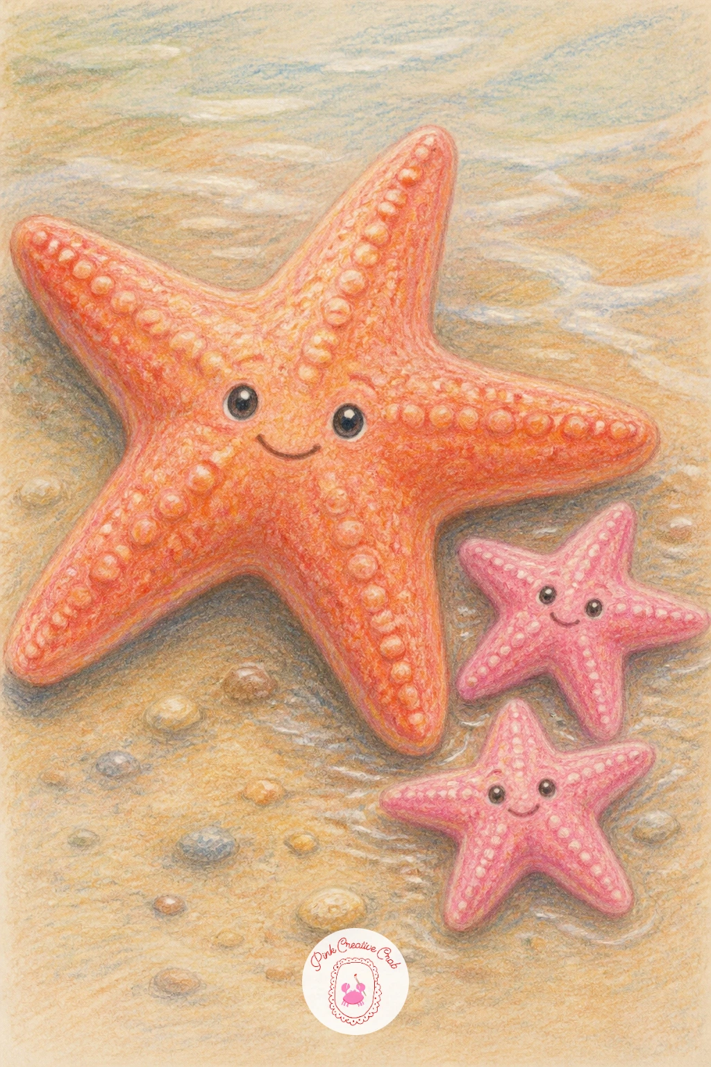 Starfish Family on the Shore — From a single star stretch into a starfish family on the shore, one large and two or three smaller ones close together, which is
