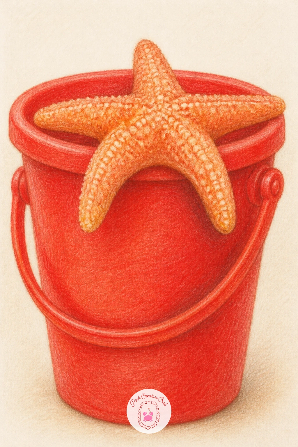 Starfish in a Kid's Bucket — Bring in a bit of nostalgia with a starfish sitting inside a child's sand bucket, handle and all. Starfish drawing