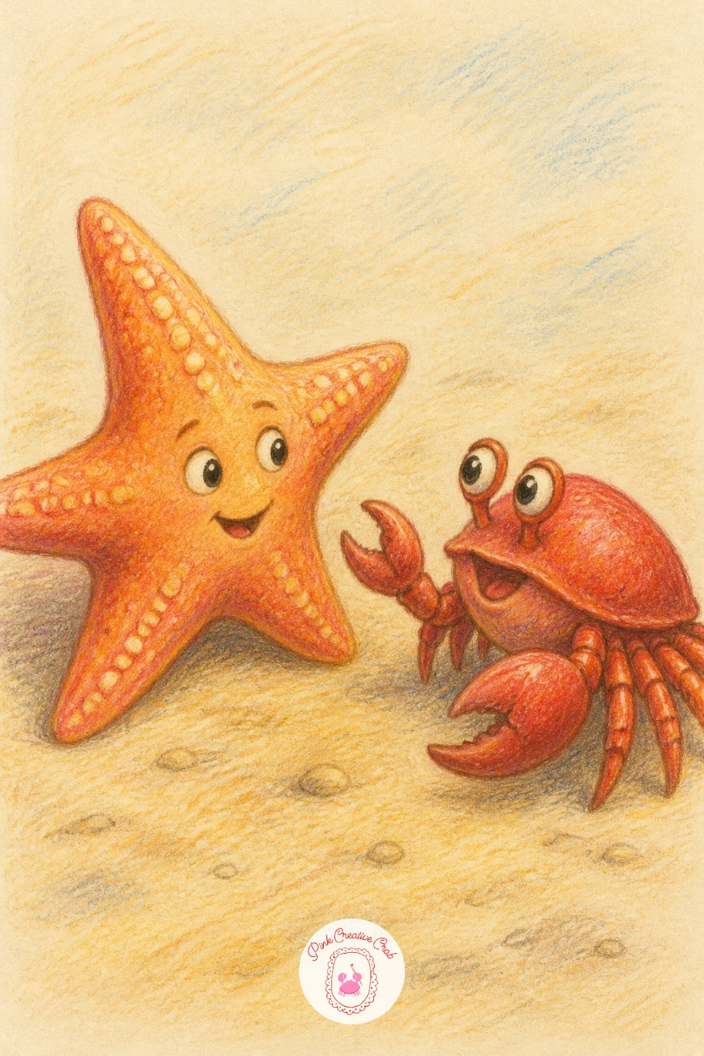 Starfish and a Crab Chatting — Give the page a bit of dialogue with a starfish and a crab sitting face to face, mid conversation. Starfish drawing