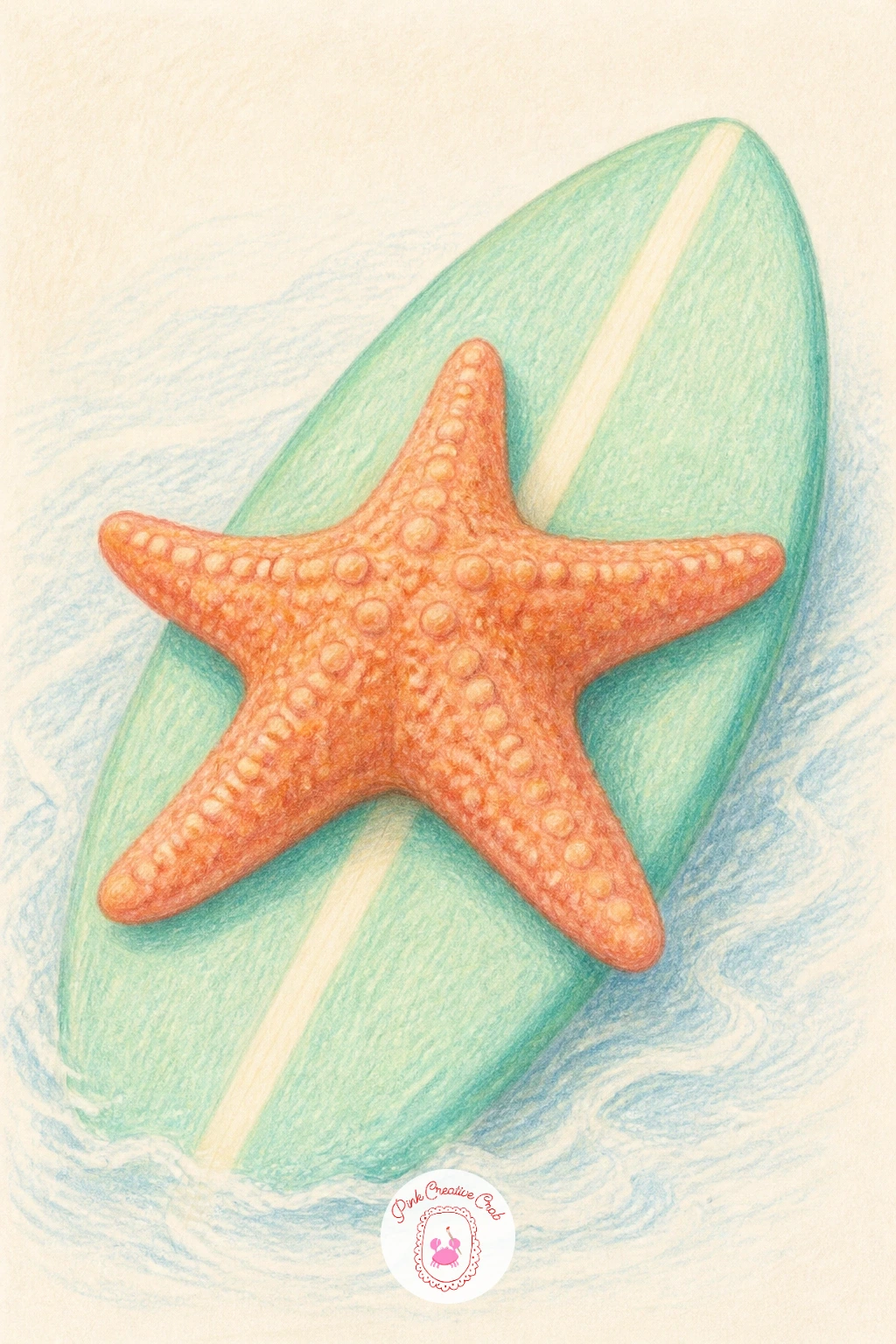 Starfish on a Surfboard — Give your starfish a ride with this one, perched flat along the length of a small surfboard as if catching a wave. Starfish drawing