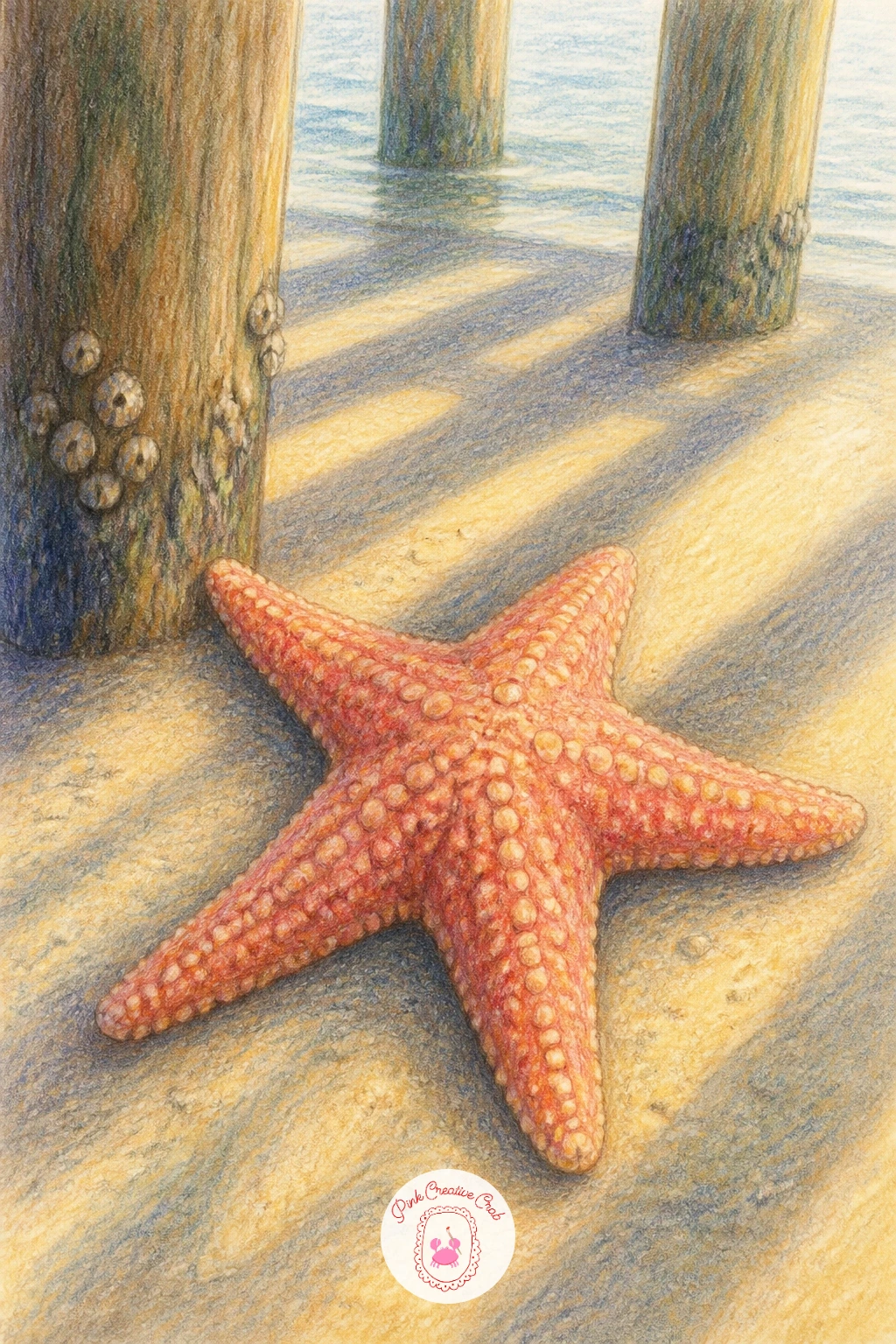 Starfish Under a Pier — Shift the mood with a starfish resting in the dappled shade beneath a wooden pier, your first real study in cast shadow. Starfish