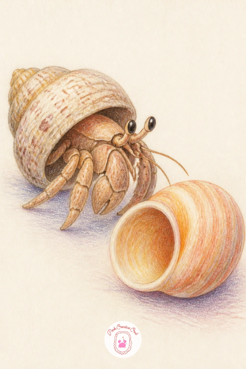 Hermit Crab Moving House — Bring in a bit of story with a hermit crab caught mid move between two shells, one it is leaving and one it is about to climb into.
