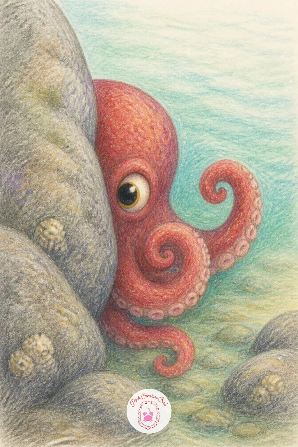 Little Octopus Hiding in a Pool — After the slow snail, bring some playfulness back with a little octopus half hidden in a tide pool, only a couple of curled