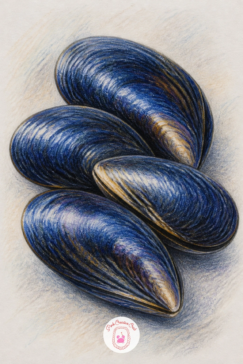 Mussel Cluster — Build a small cluster of mussels next, shells overlapping in a tight group rather than drawn one at a time, which makes this a nice lesson in